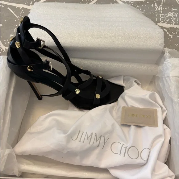 Jimmy Choo Motoko 100 Black/Gold Strappy Heels with studs - Picture 4 of 5